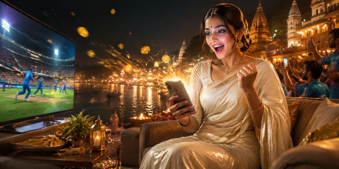 Indian woman enjoying cricket betting near Varanasi ghats